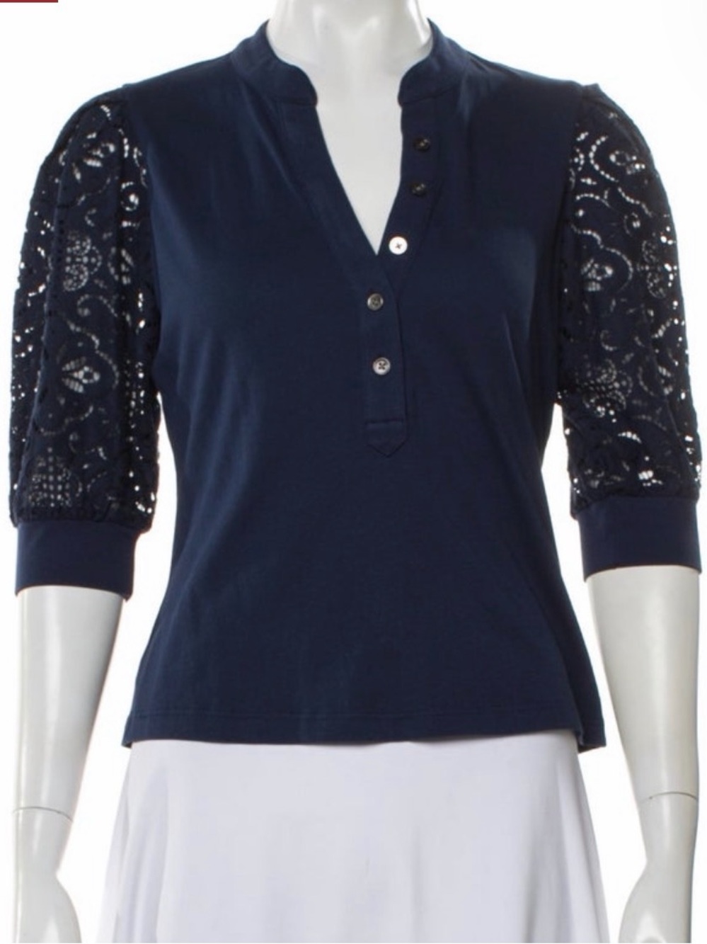 Veronica Beard XS Navy Lace-Detail V-Neck Top